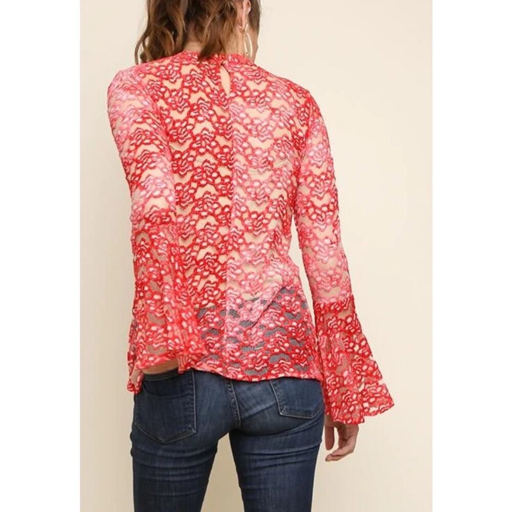 Umgee Retro Vintage Sheer Floral Lace Bell Sleeve Top Womens Size S Keyhole Neck - Picture 3 of 11